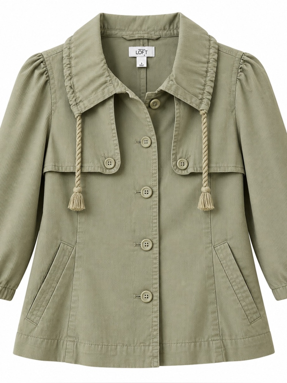 LOFT Olive Button-Front Girls' Jacket with Rope Tassels